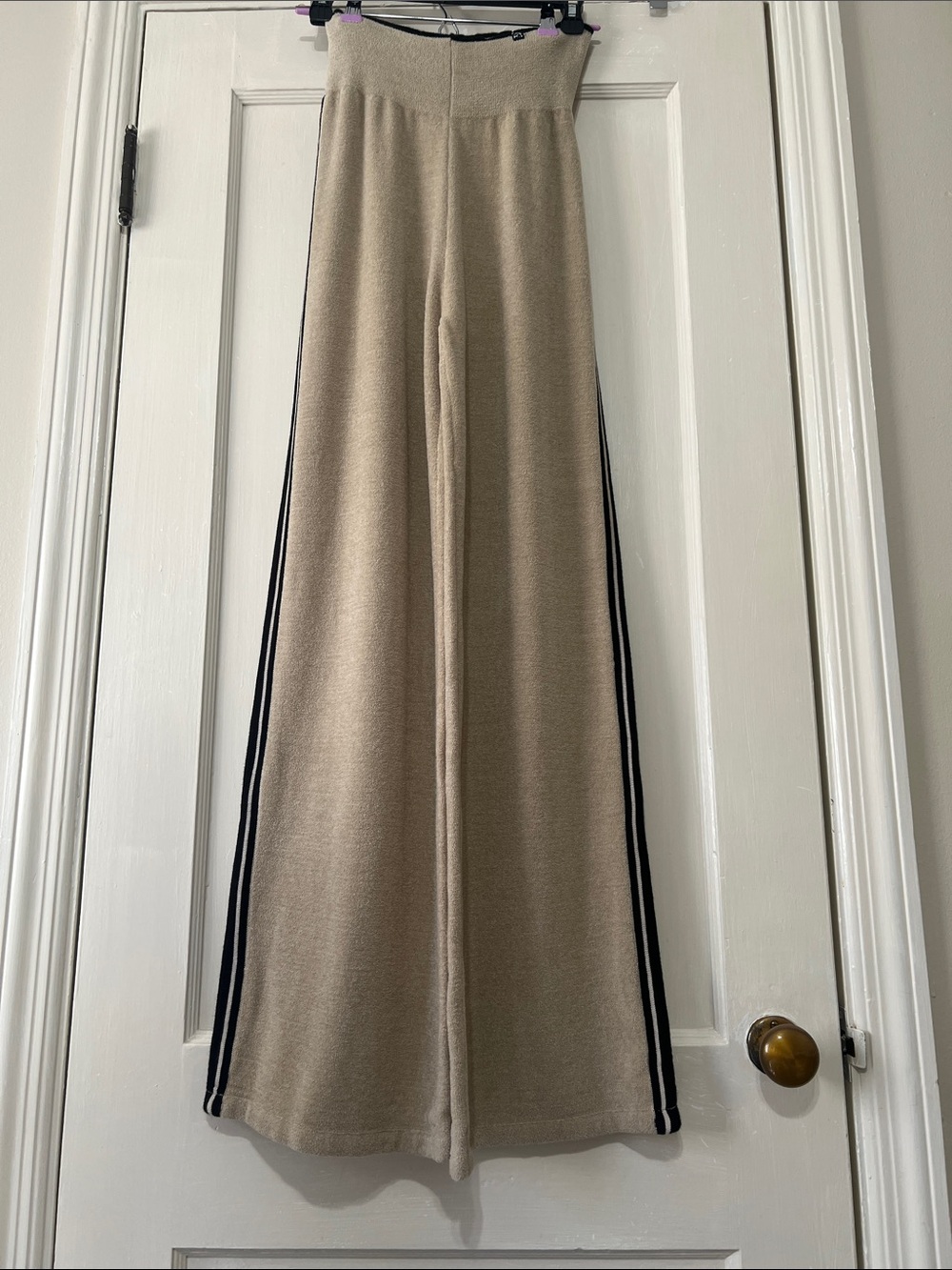Kashwere women's Wide-Leg Knit Pants in taupe with Black Stripe